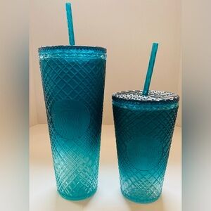 Starbucks 2021 Teal Jeweled Green Blue Ombre Cold Cup Tumblers 24/16 oz Lot of 2